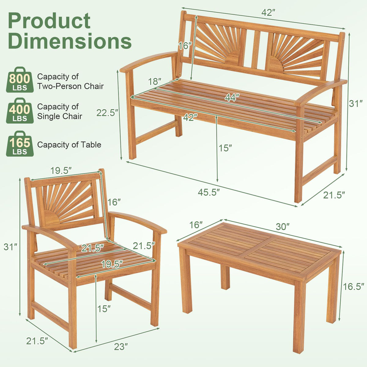 Acacia loveseat, armchair, and coffee table shown separately with measurement lines.