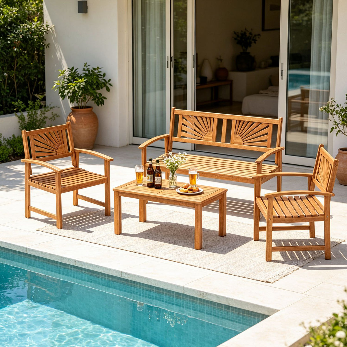 Wooden loveseat, two armchairs, and coffee table arranged beside a swimming pool.
