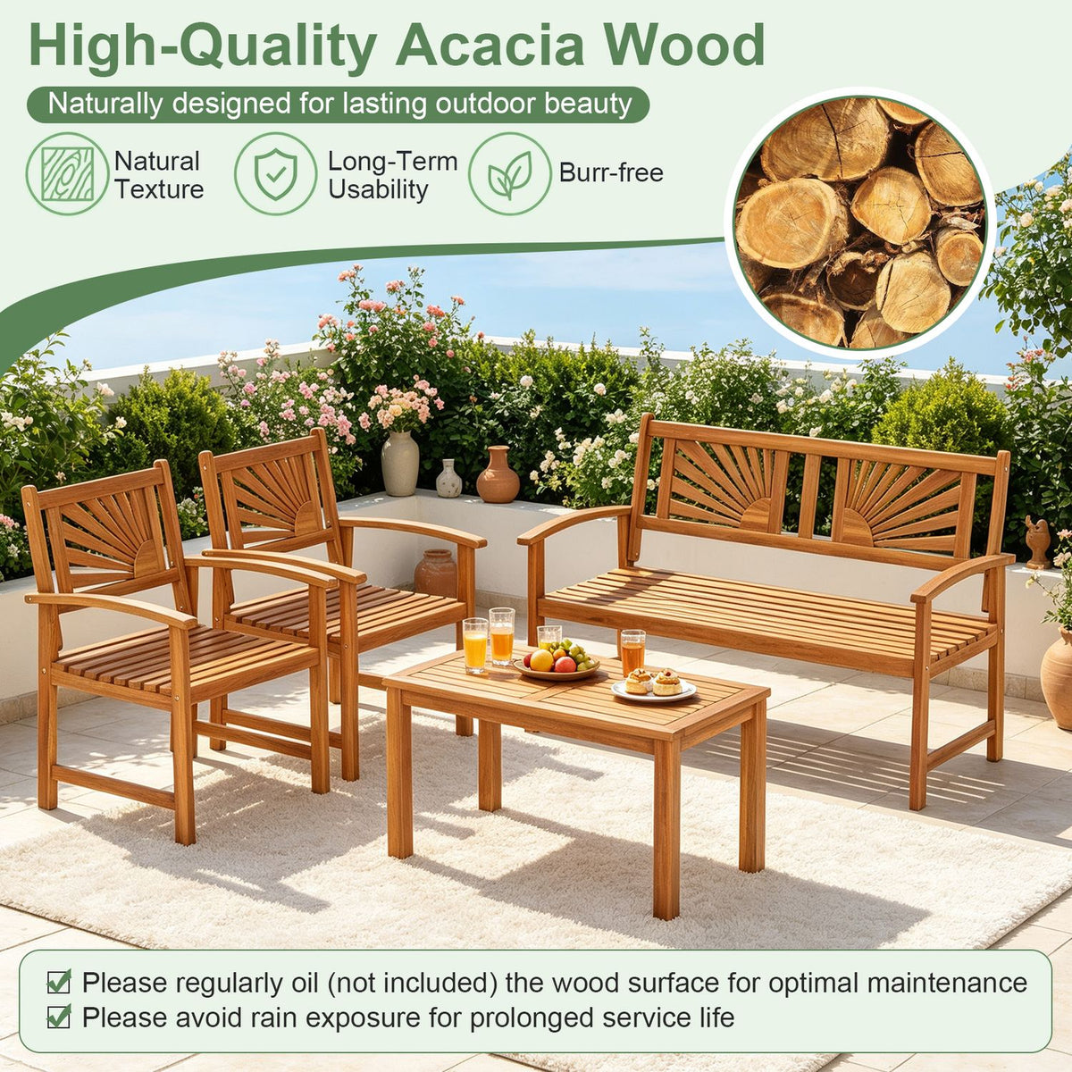 Outdoor seating set arranged on a patio, with a circular close-up of wood logs.