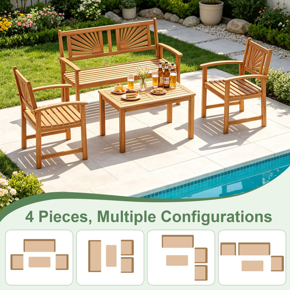 Loveseat, two armchairs, and coffee table shown on a patio above four layout diagrams.