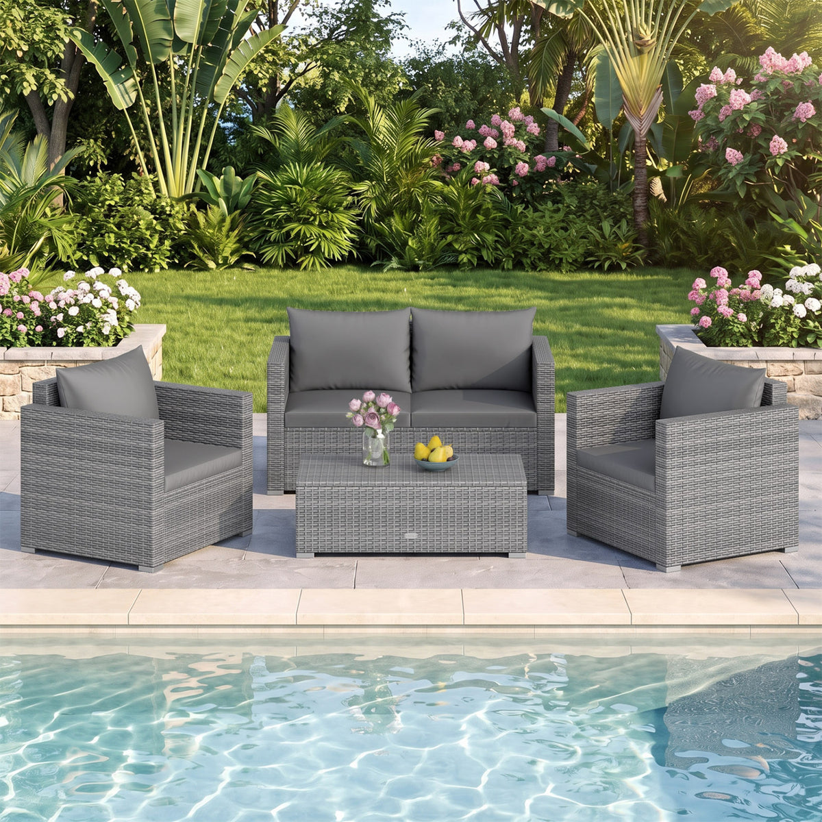 4Pcs Patio Rattan Cushioned Furniture Set