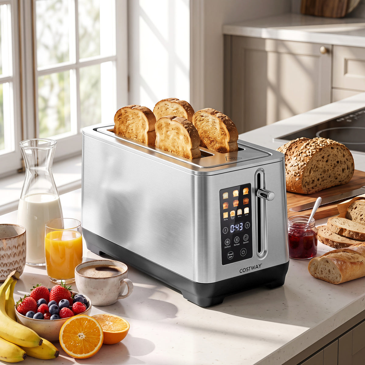 Silver four-slot toaster with bread on a bright kitchen counter