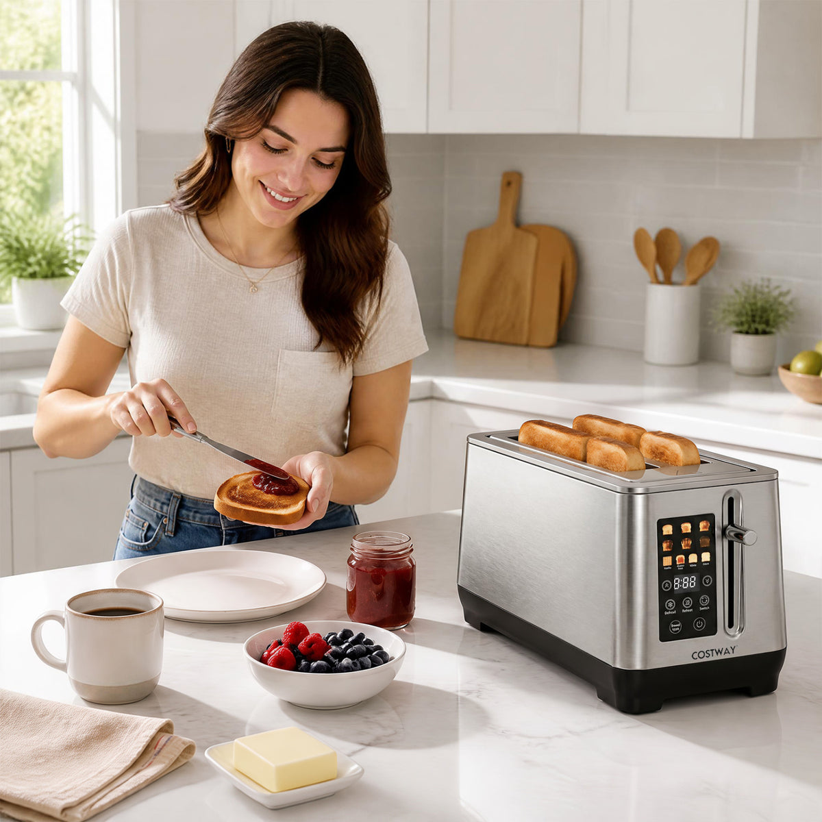 Silver toaster beside a woman serving toast in a bright kitchen