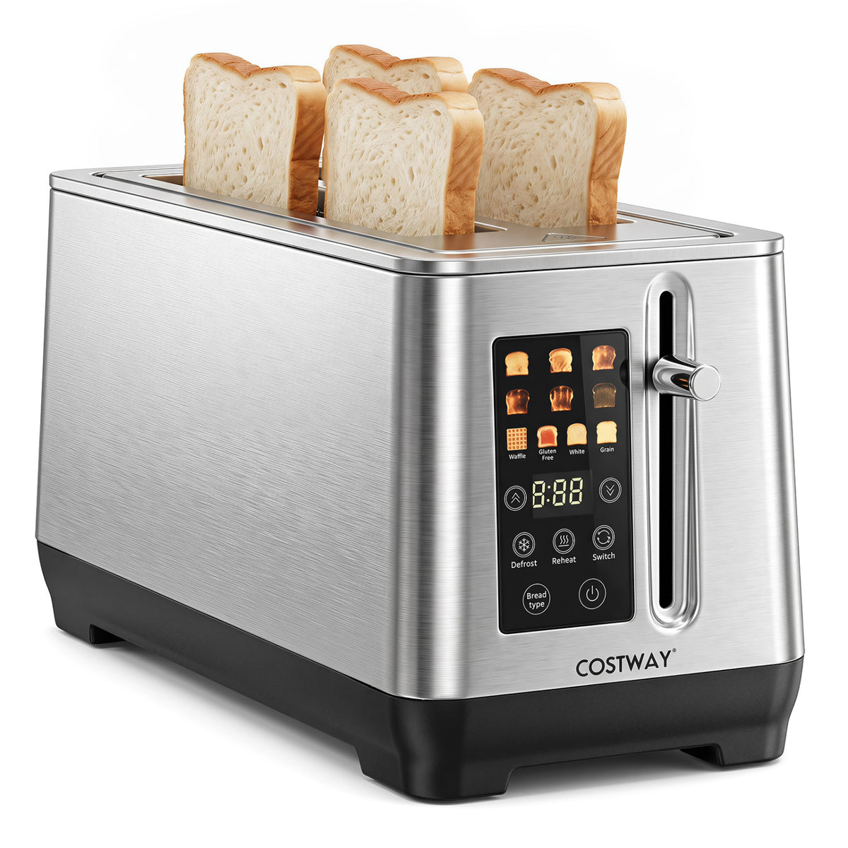 Silver toaster loaded with bread, shown from a front three-quarter angle