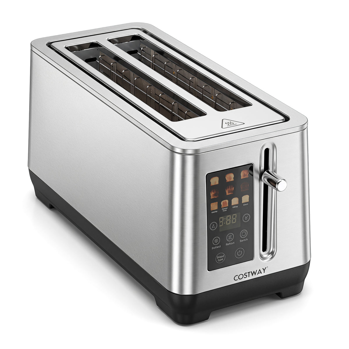 Empty silver toaster viewed from above at a front three-quarter angle