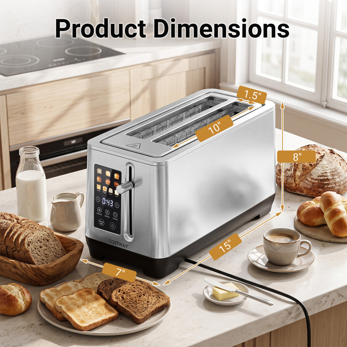Silver toaster on a kitchen counter with dimensions shown in a graphic