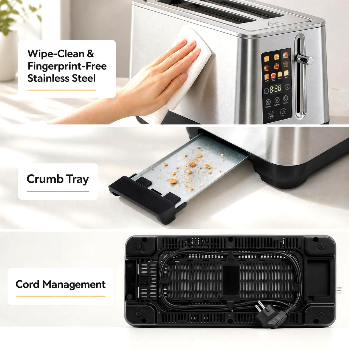 Silver toaster close-ups showing its wipe-clean surface, crumb tray, and cord storage