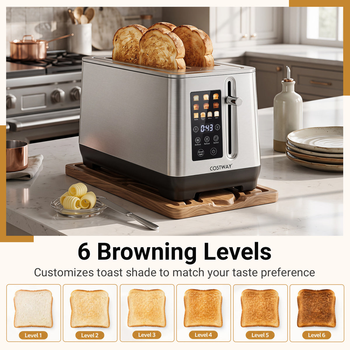 Silver four-slot toaster on a kitchen counter, with toast slices and six browning samples below.