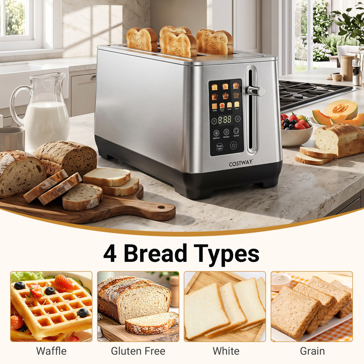 Silver four-slot toaster on a kitchen counter beside bread, with four bread examples shown below.