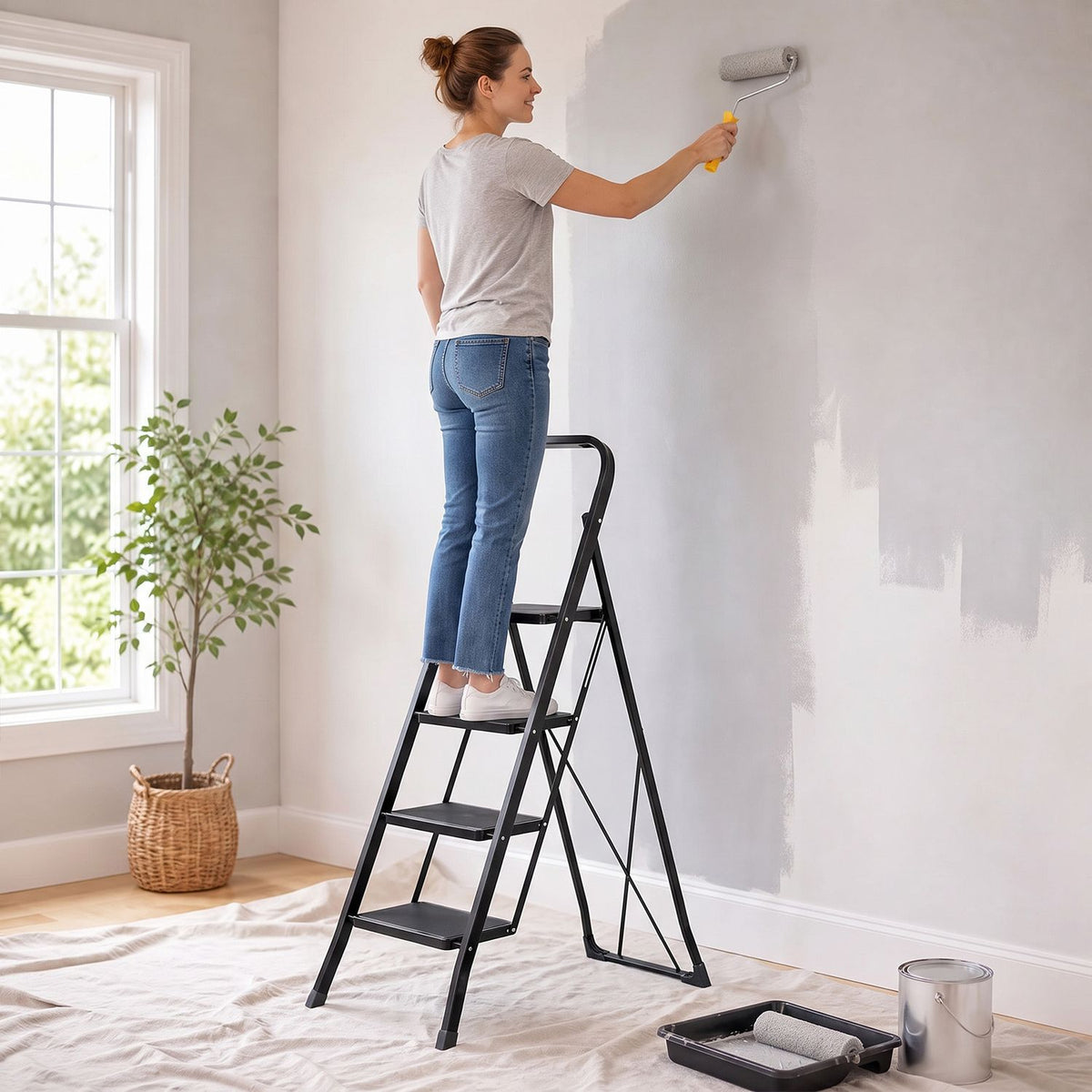 A woman stands on a black folding step ladder while painting a wall beside a window.