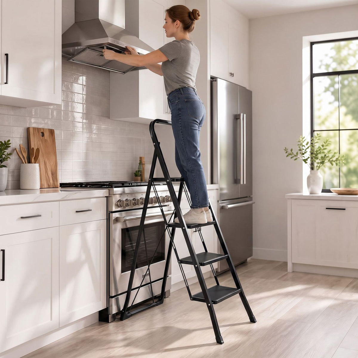 A woman reaches into an upper kitchen cabinet while standing on a black folding step ladder.