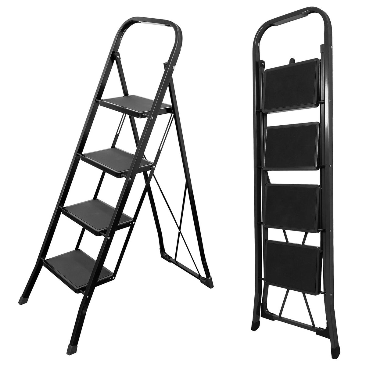 Black folding step ladder shown open with four steps and folded upright with its steps tucked in.