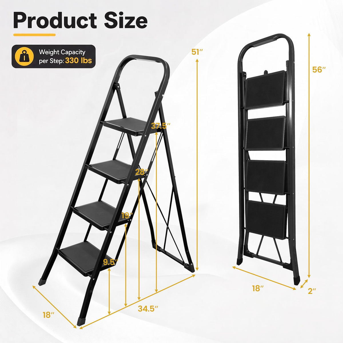 Diagram showing the black step ladder open and folded with measurement arrows around both views.