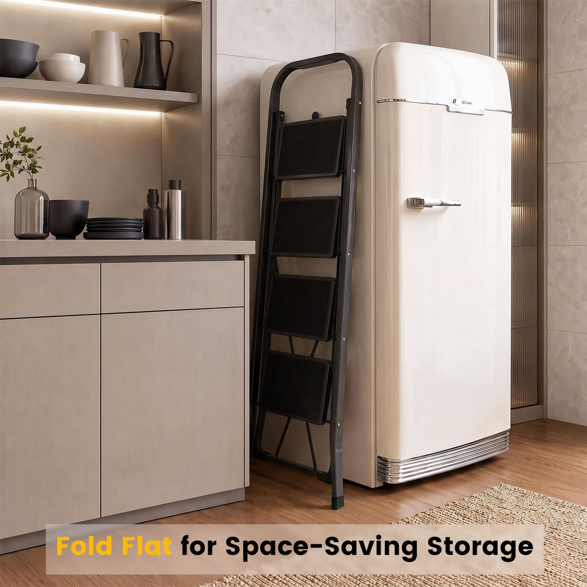 A folded black step ladder with handrail stands between a kitchen cabinet and a retro-style refrigerator.