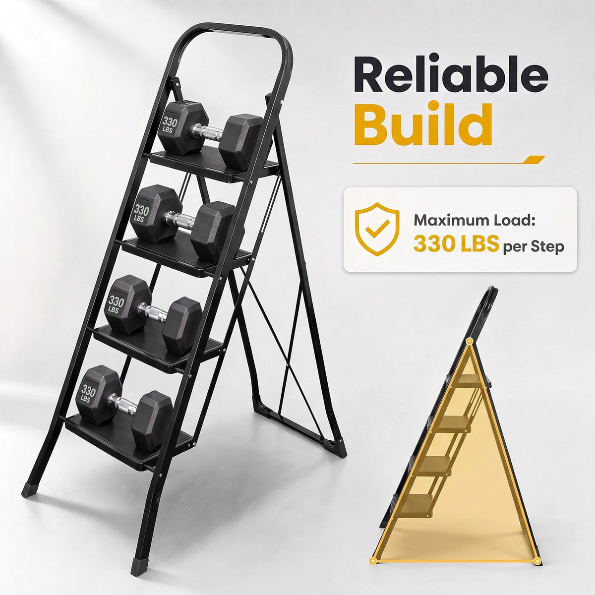 The black ladder is shown open with weights on its steps, alongside a small folded profile illustration.