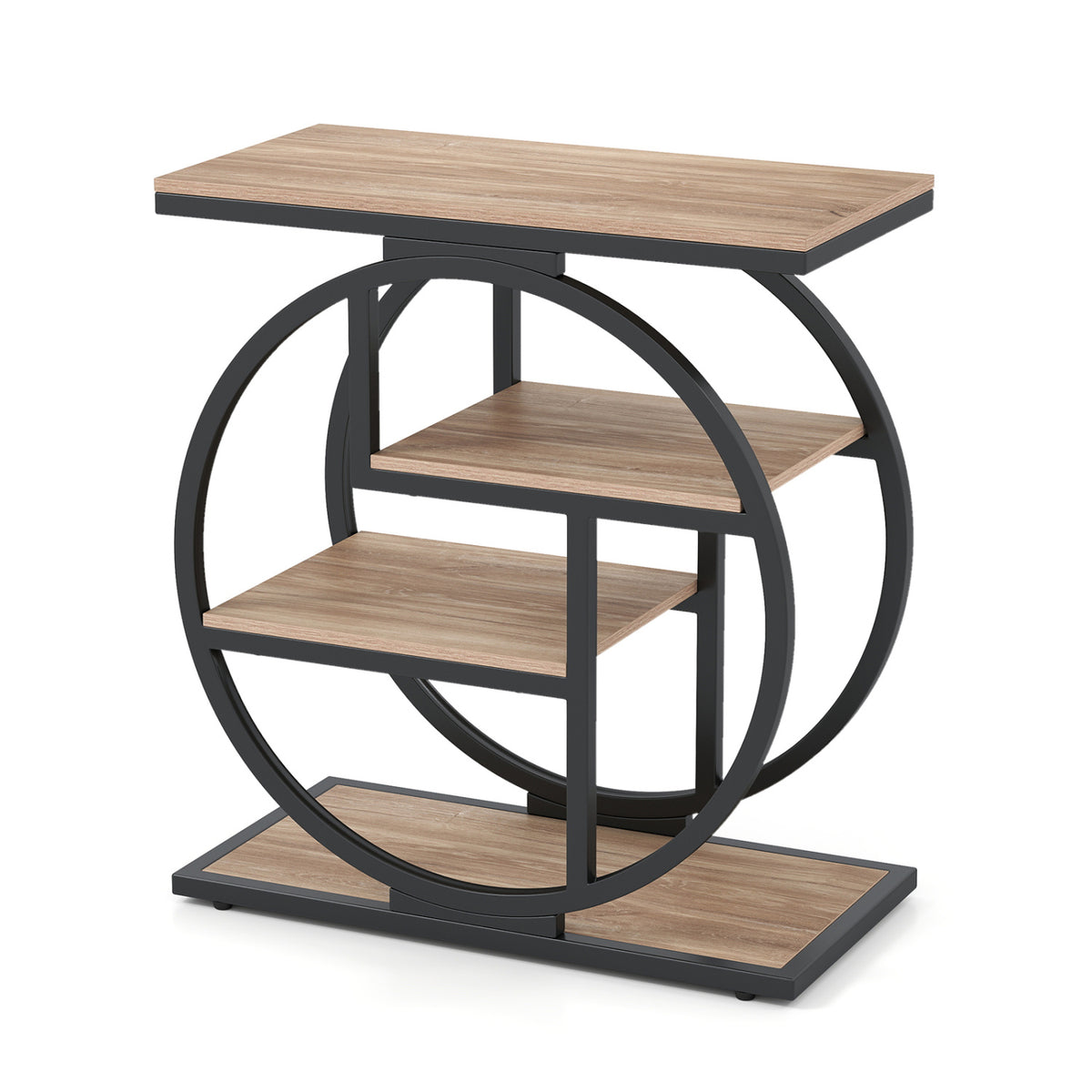 Wood-look tabletop and staggered shelves on a black circular metal frame.