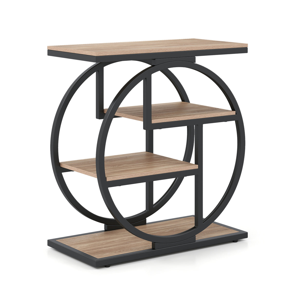 Narrow end table with wood-look shelves and a black circular metal frame, shown empty against a white background.