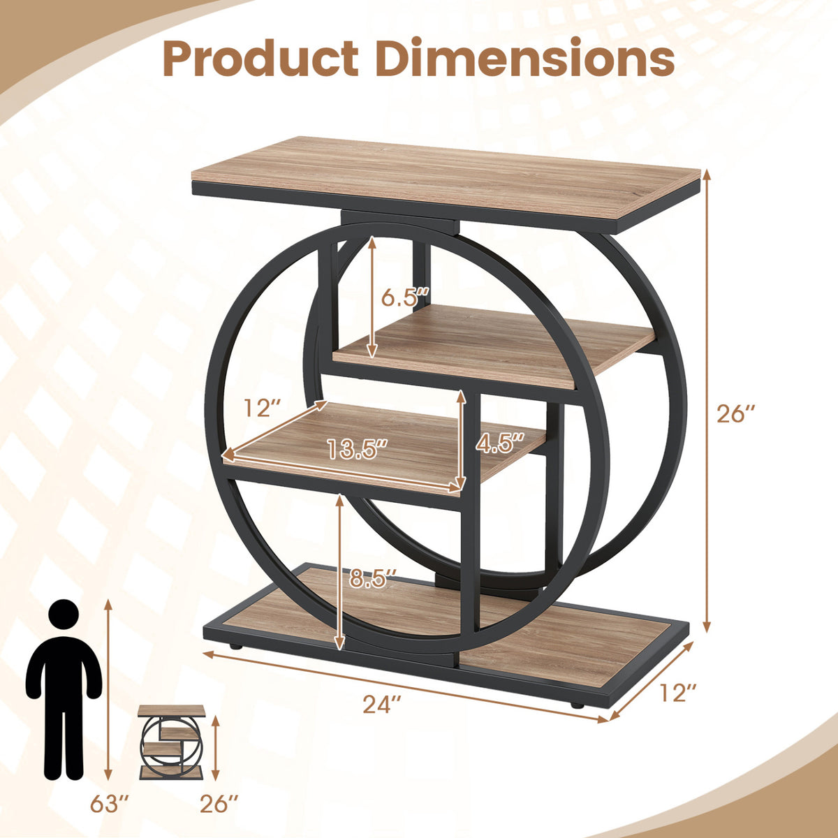 Dimension diagram showing the end table with measurement arrows and a human-height reference figure.