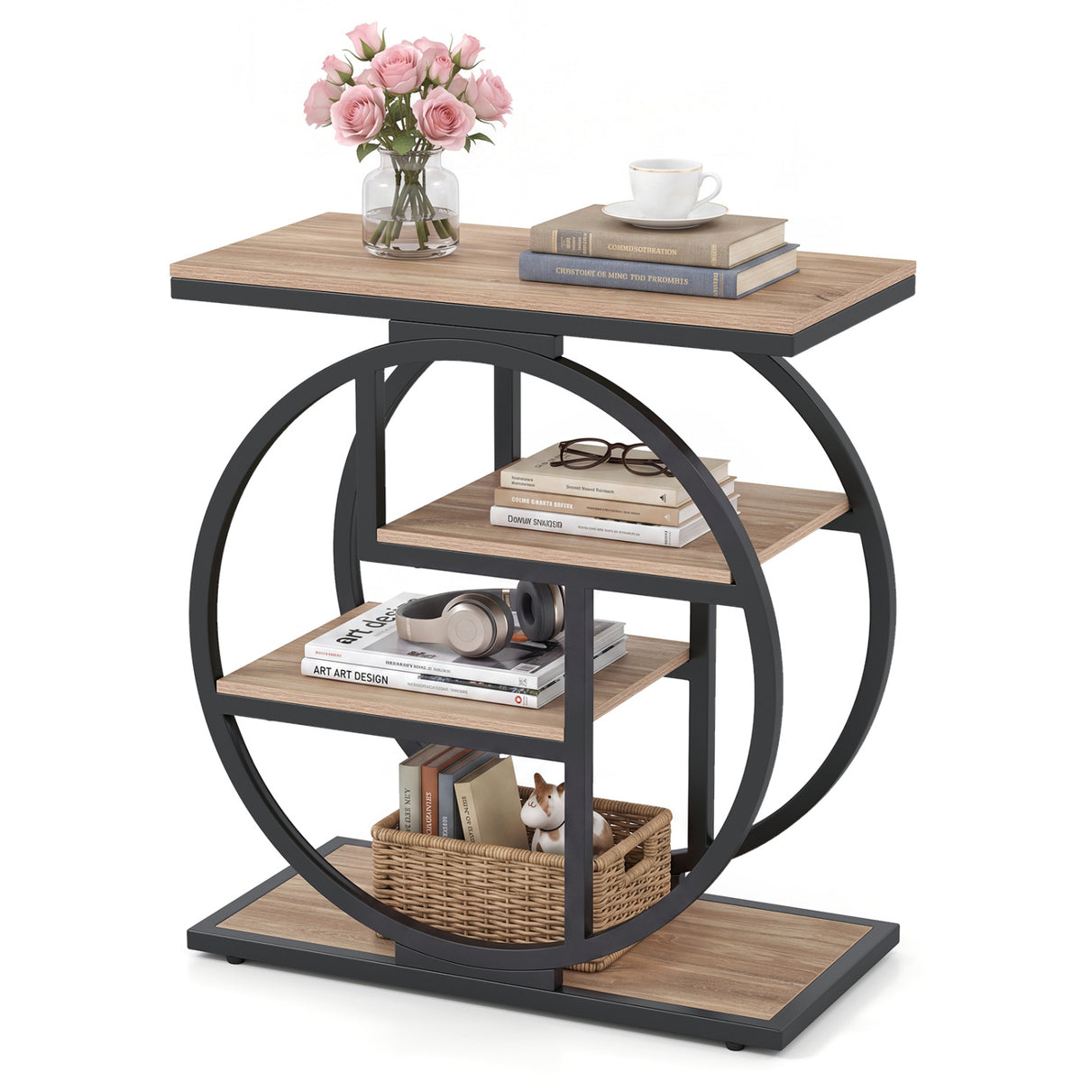 Circular-frame end table styled with flowers, books, a cup, headphones, and a woven basket on its shelves.