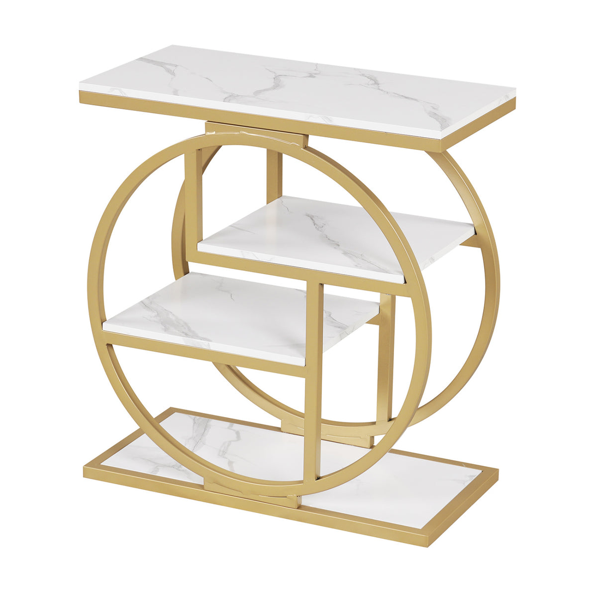 White marble-look end table with gold circular frame and several staggered shelves.