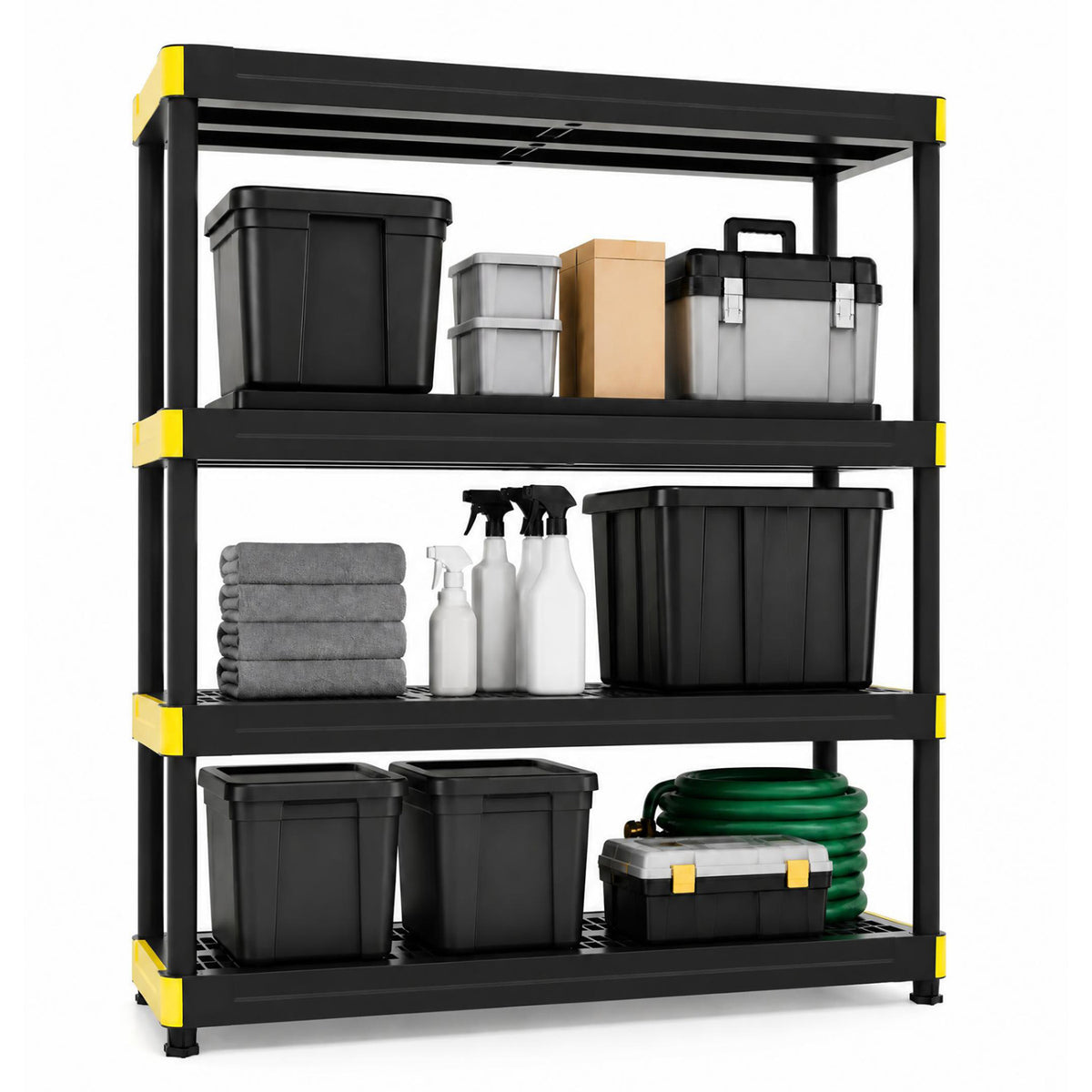 Freestanding black rack with yellow corner accents, shown loaded with storage bins, towels and cleaning supplies.