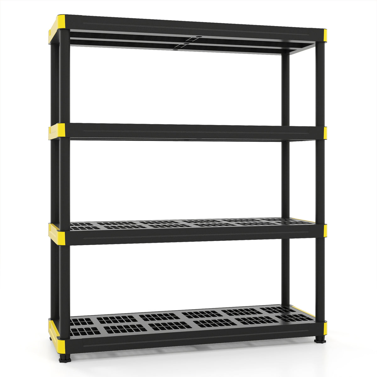 Unloaded black four-tier utility rack with yellow corner accents against a plain white background.