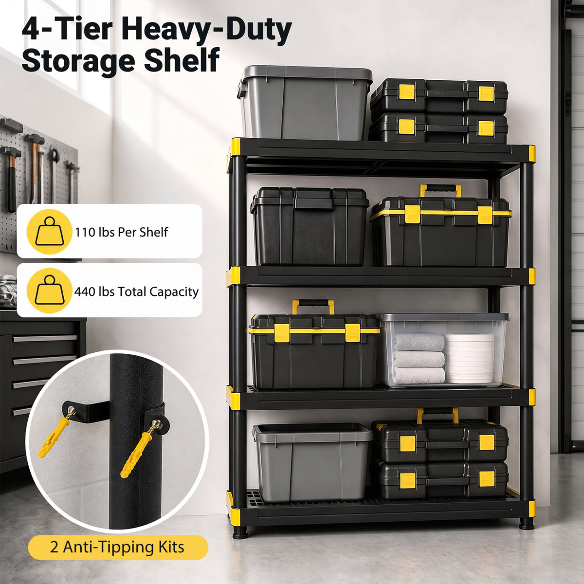 Black four-tier rack loaded with storage bins and boxes in a garage, with an inset showing wall anchors.