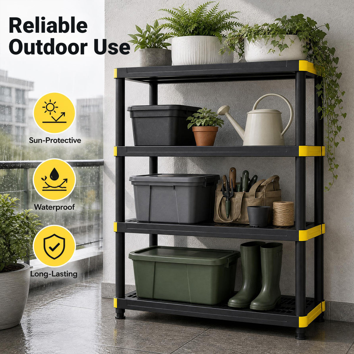 Black four-tier rack holding pots, plants, garden tools, and boots on a wet patio.