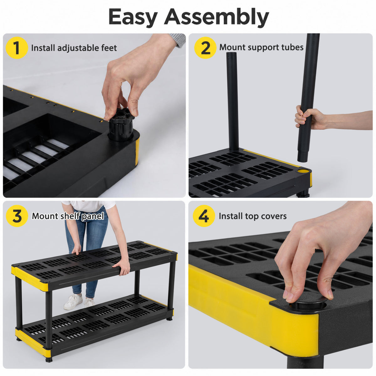 Four close-up panels show hands fitting feet, support tubes, shelf panels, and corner covers onto the rack.