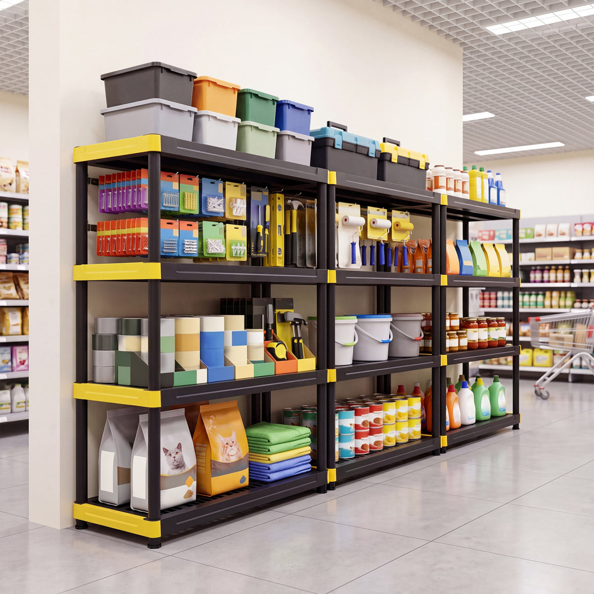 A row of black storage racks with yellow accents displays bins, boxes and packaged goods in a store.