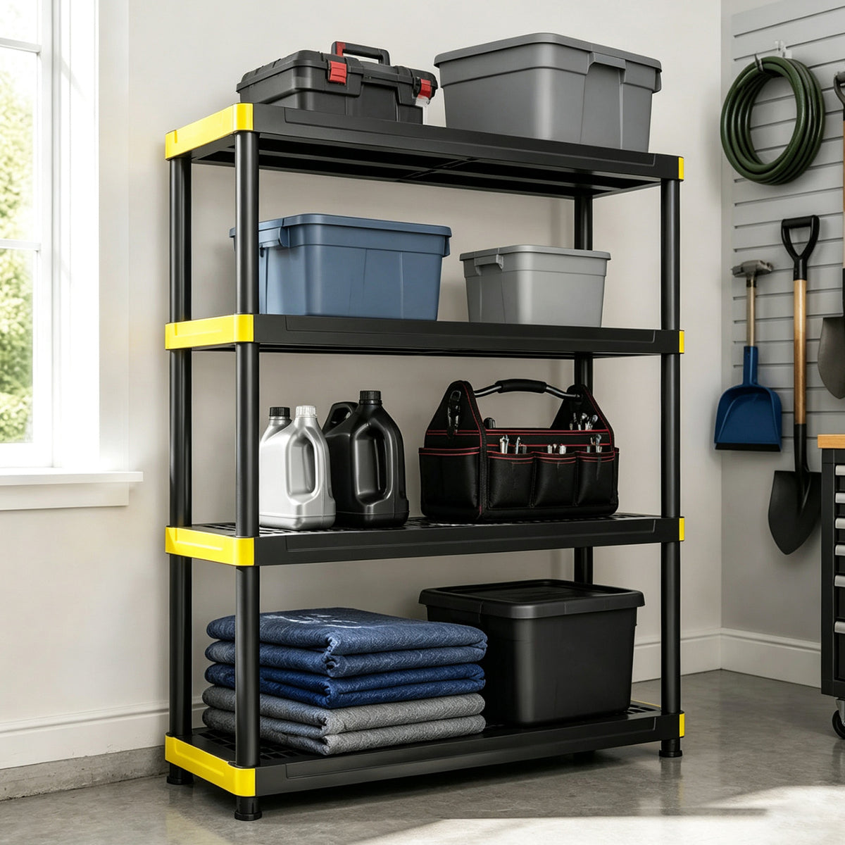 Black four-tier utility rack with yellow corner accents holding bins, tools, bottles and folded blankets in a garage.