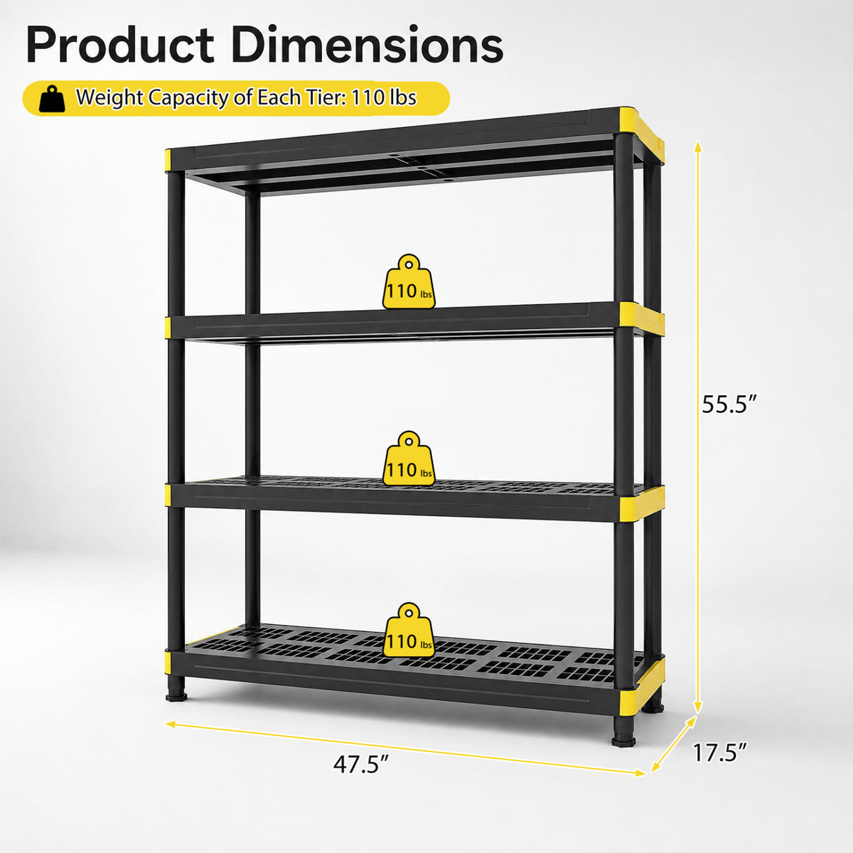 Black four-tier storage rack shown with measurement arrows and weight icons.