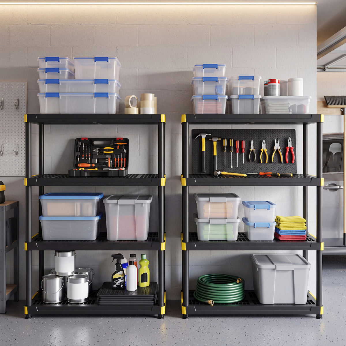 Two black-and-yellow shelving units filled with storage bins, tools, cleaning supplies and a garden hose in a garage.