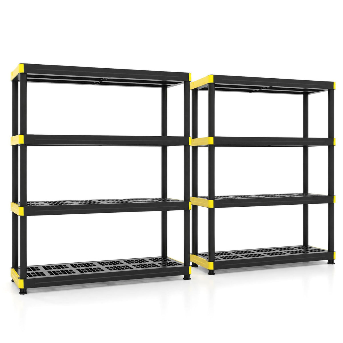 Two empty black shelving units with yellow corner accents stand against a white background.
