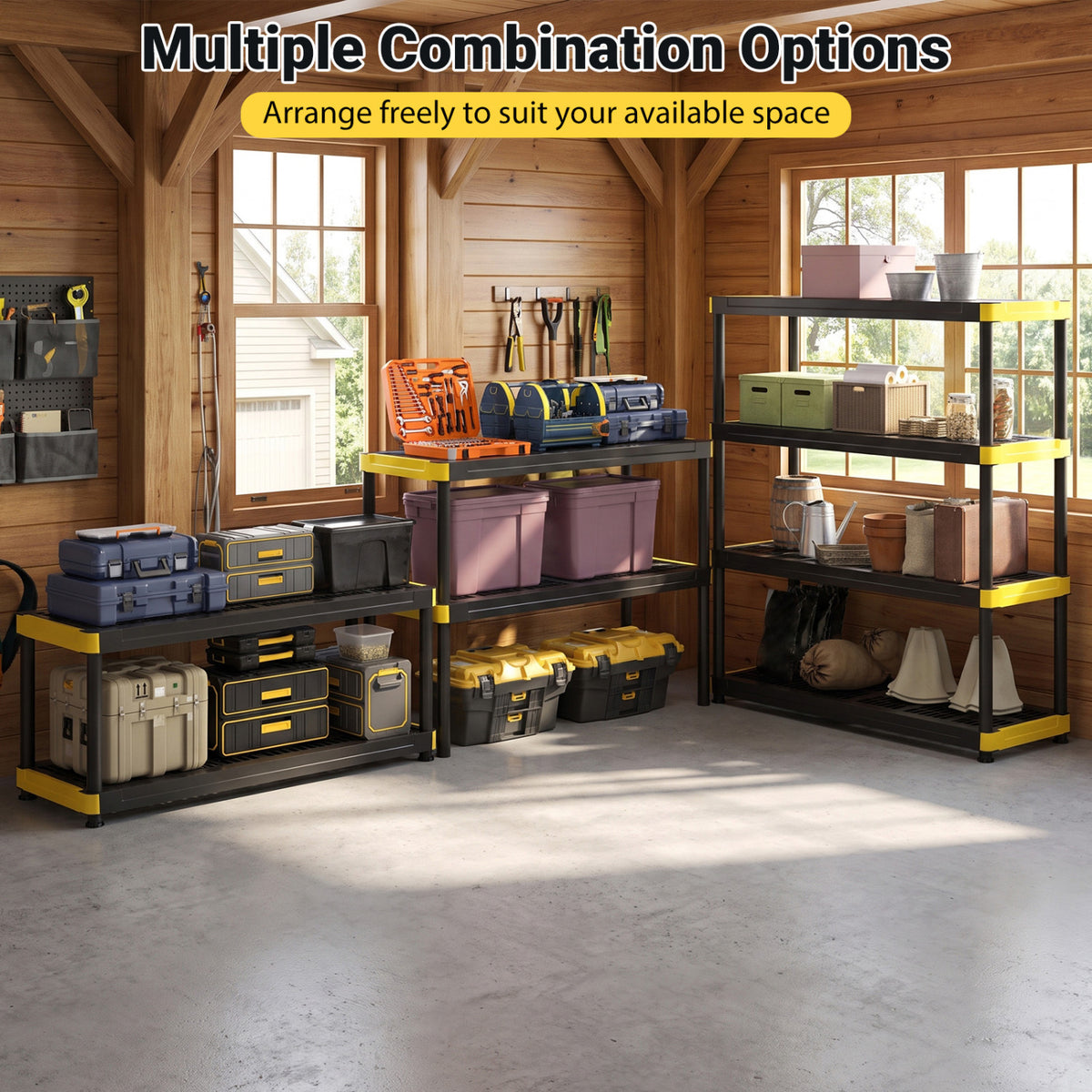 Several black-and-yellow storage racks arranged in different layouts with toolboxes and containers in a garage.