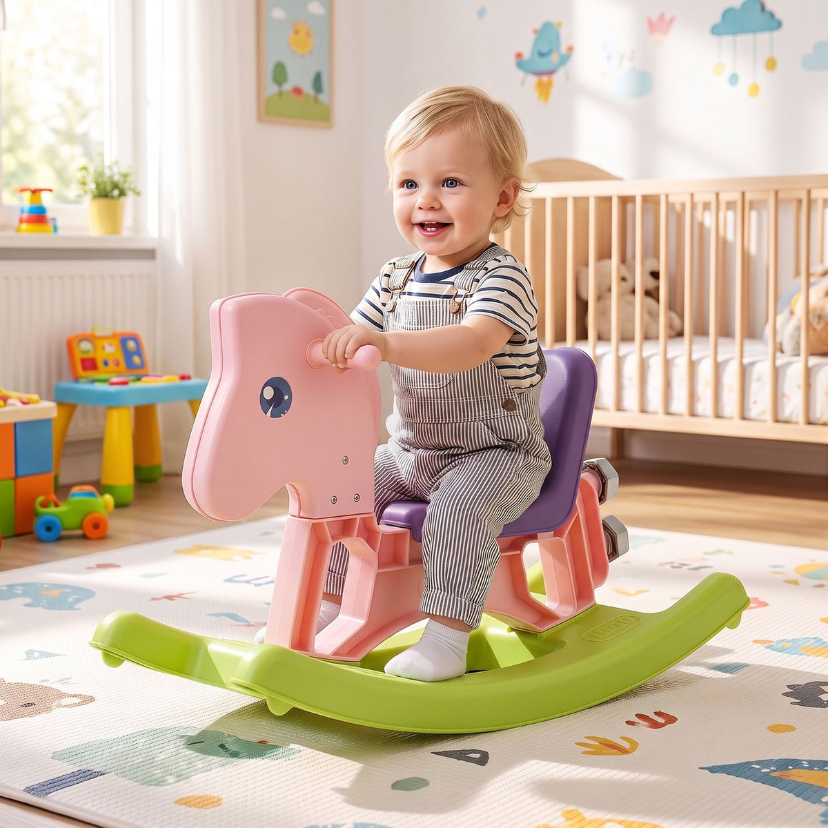 A toddler sits on a pink horse-shaped rocker with a purple seat and bright green curved base in a nursery.