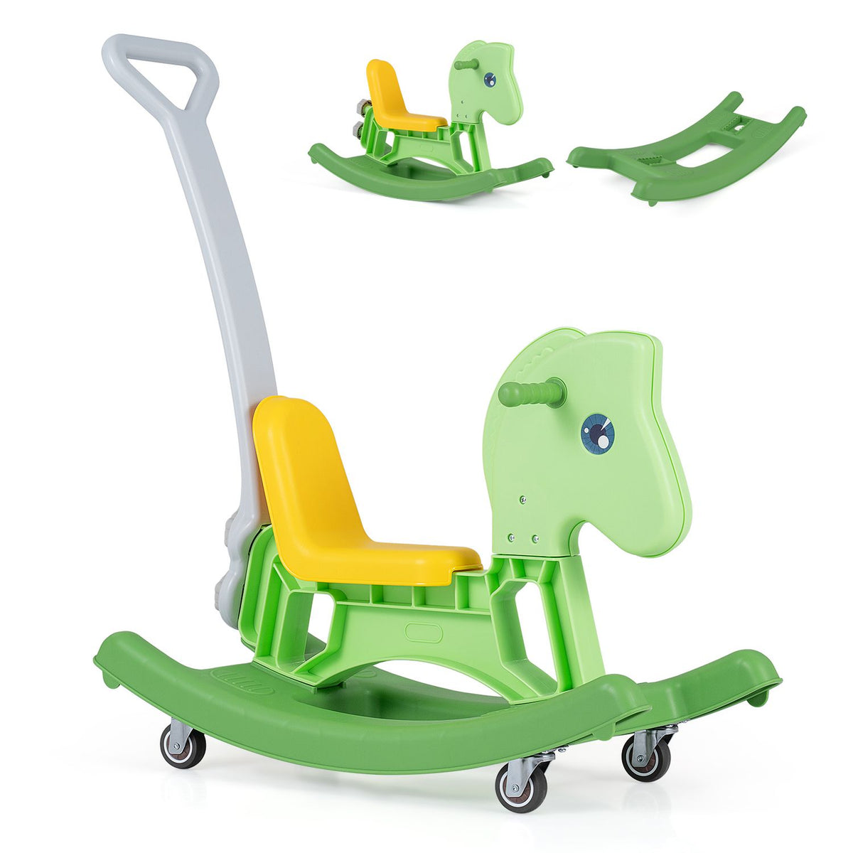 Green horse toy with a yellow seat, push handle and wheels, shown with a separate curved base piece.