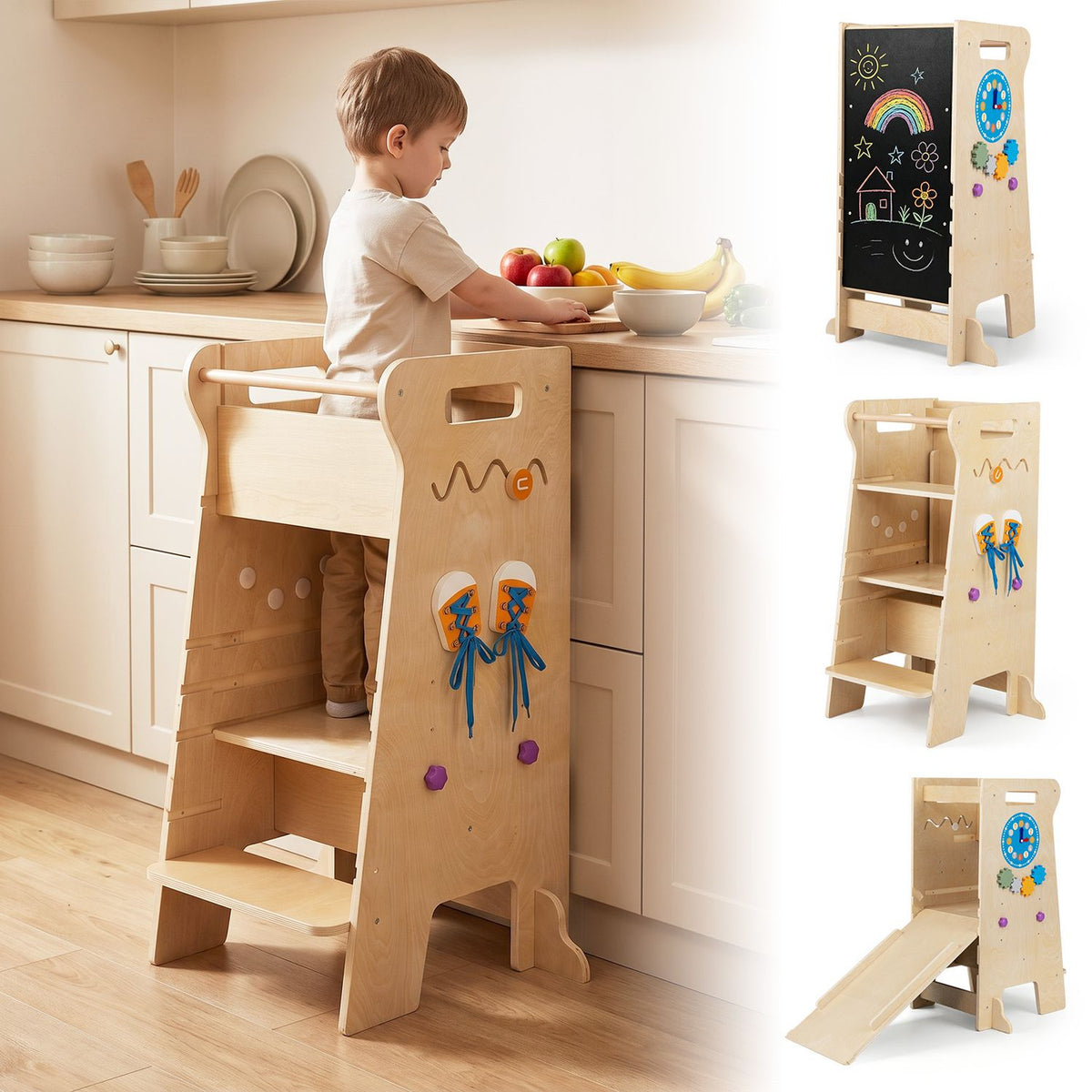 A child uses a wooden standing tower at a kitchen counter, alongside views of its chalkboard and slide.
