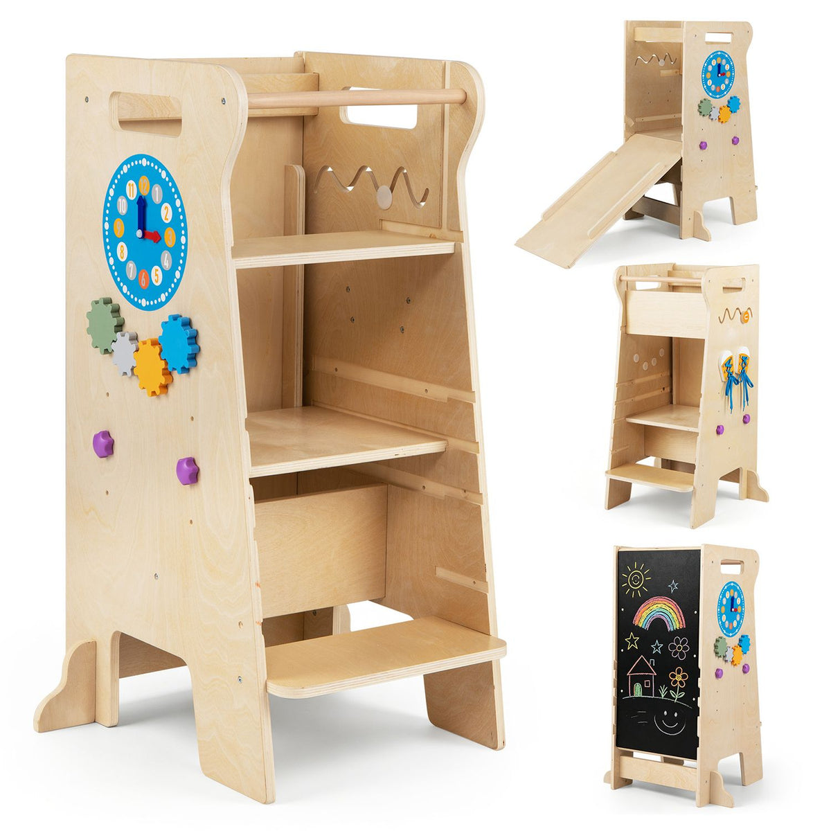 A wooden standing tower with shelves and colorful activity pieces, shown with its slide and chalkboard configurations.