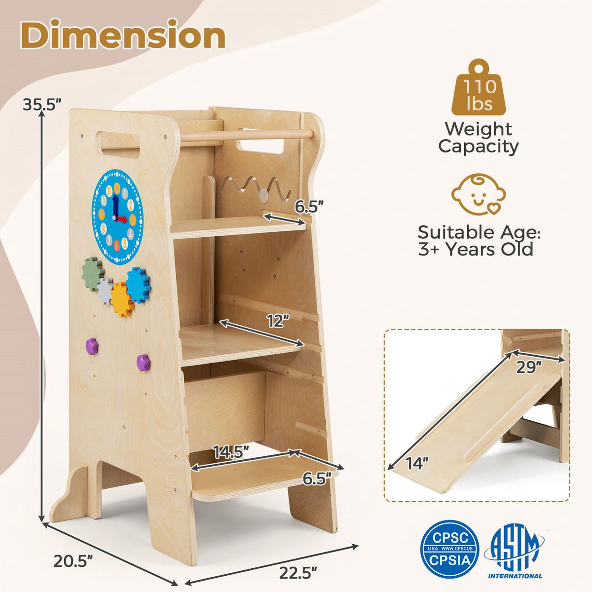 A standing tower and detachable slide are shown with measurement arrows and feature icons.
