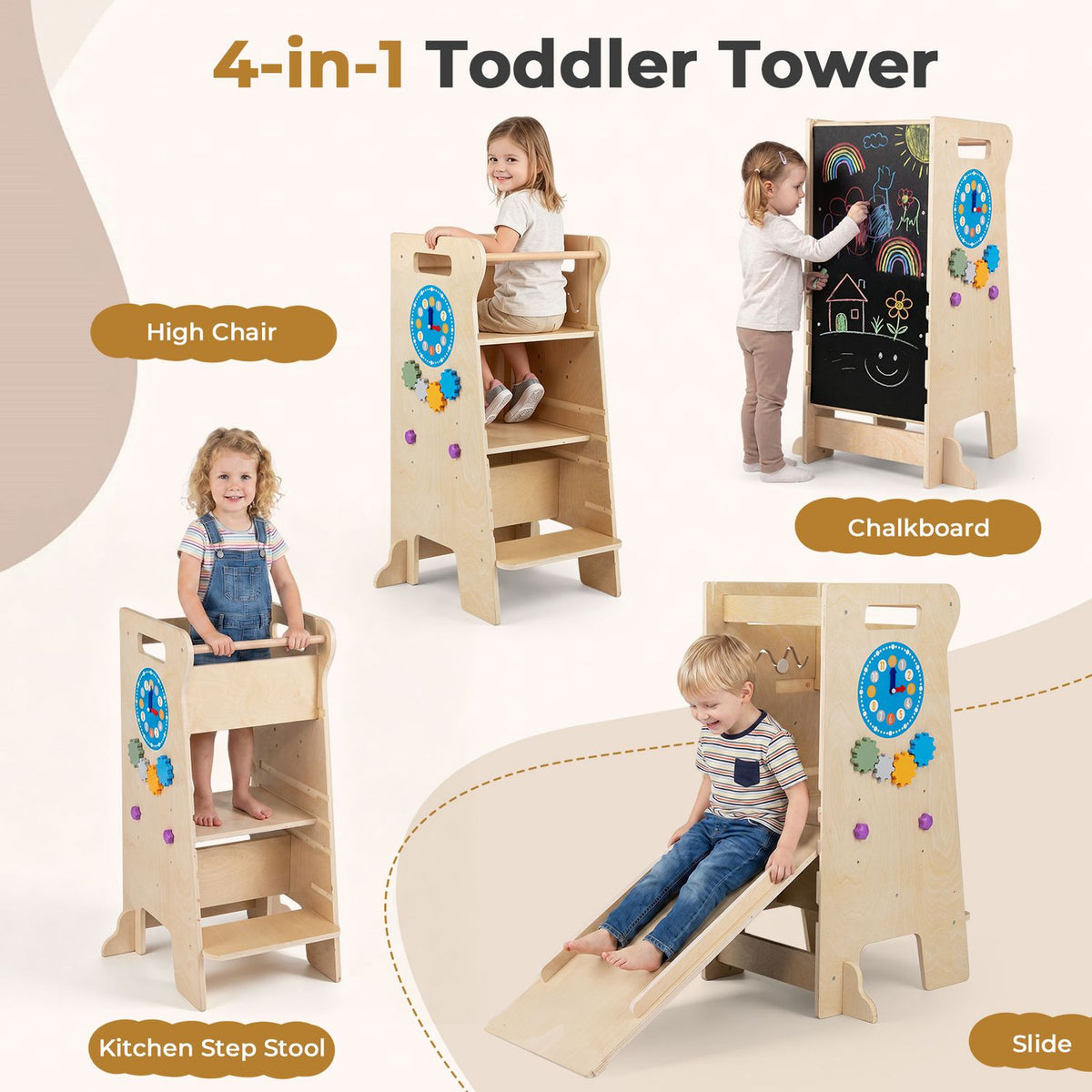 Wooden toddler tower shown as a standing stool, chalkboard, and slide with children using it.