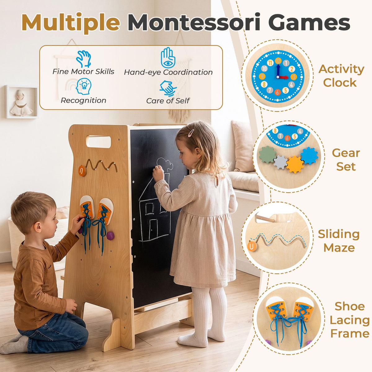 Children use the tower’s chalkboard and wooden activity panels with a clock, gears, maze, and lacing frame.