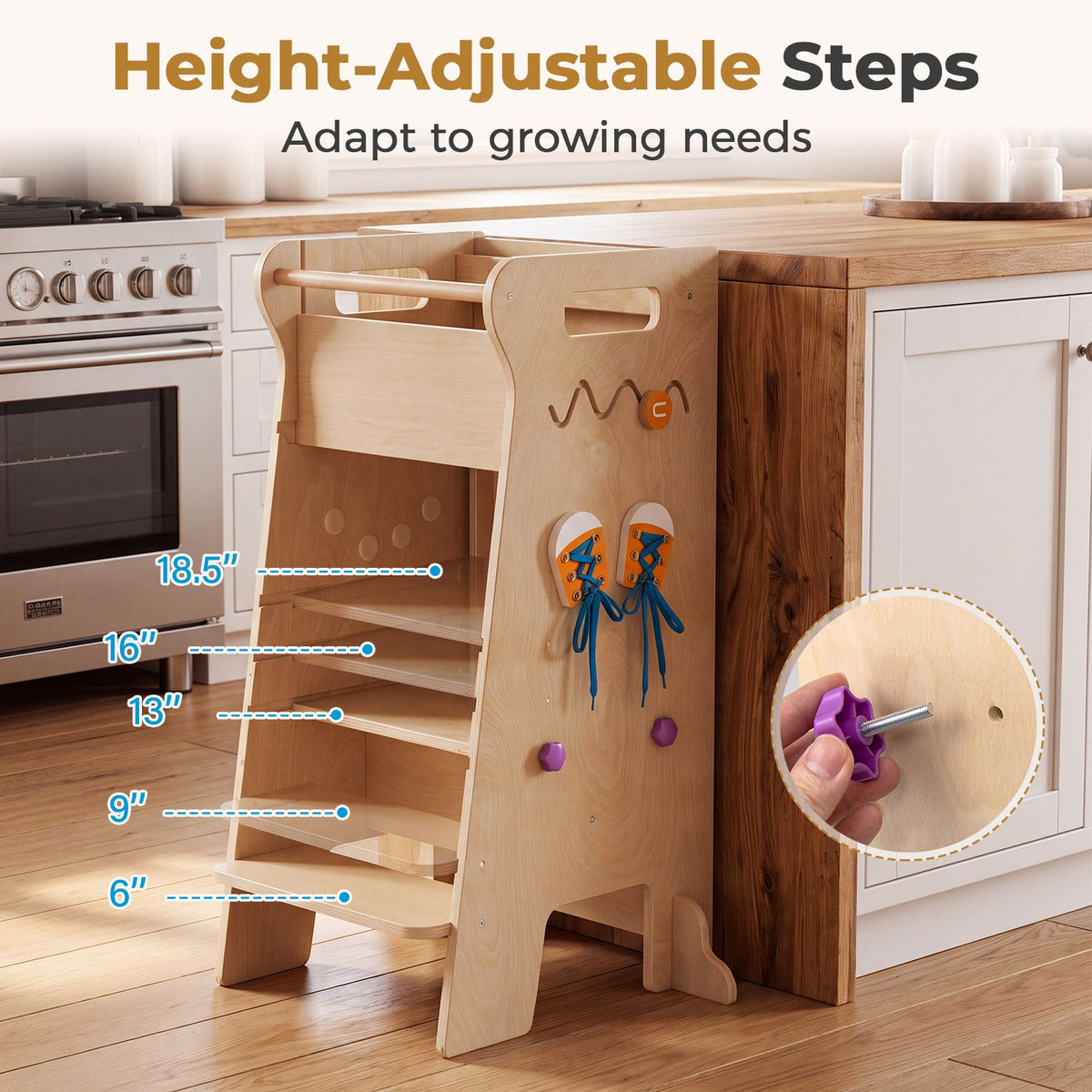 Wooden tower beside a kitchen counter, with its steps shown at several heights and a close-up of an adjustment peg.