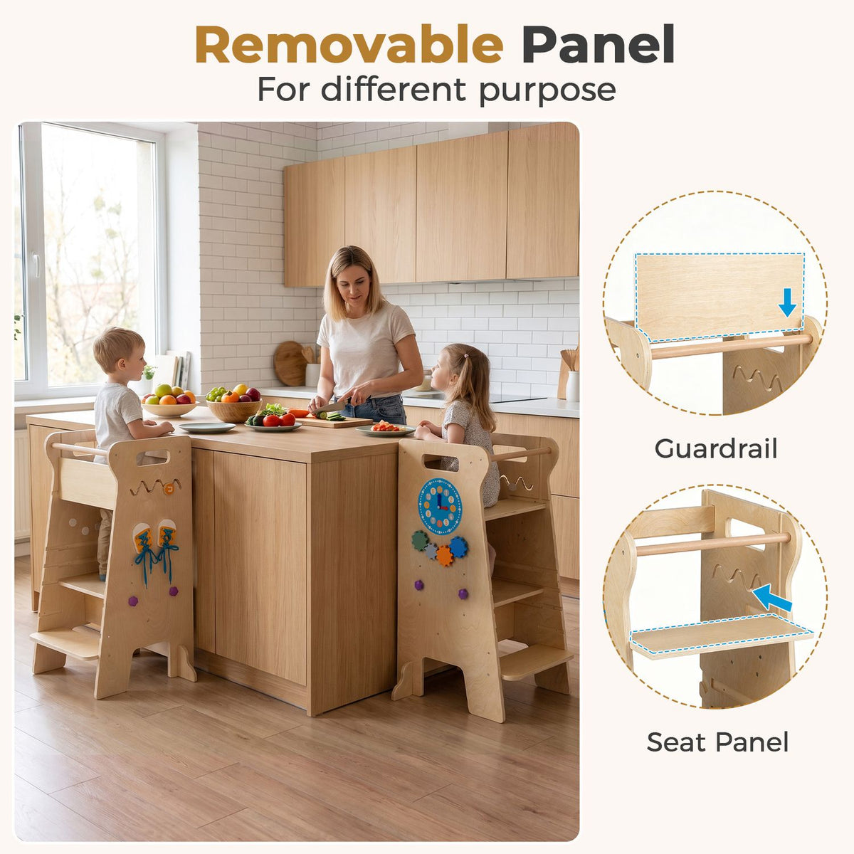 Two wooden towers stand at a kitchen island as a woman and children gather; close-ups show the guardrail and seat panel.