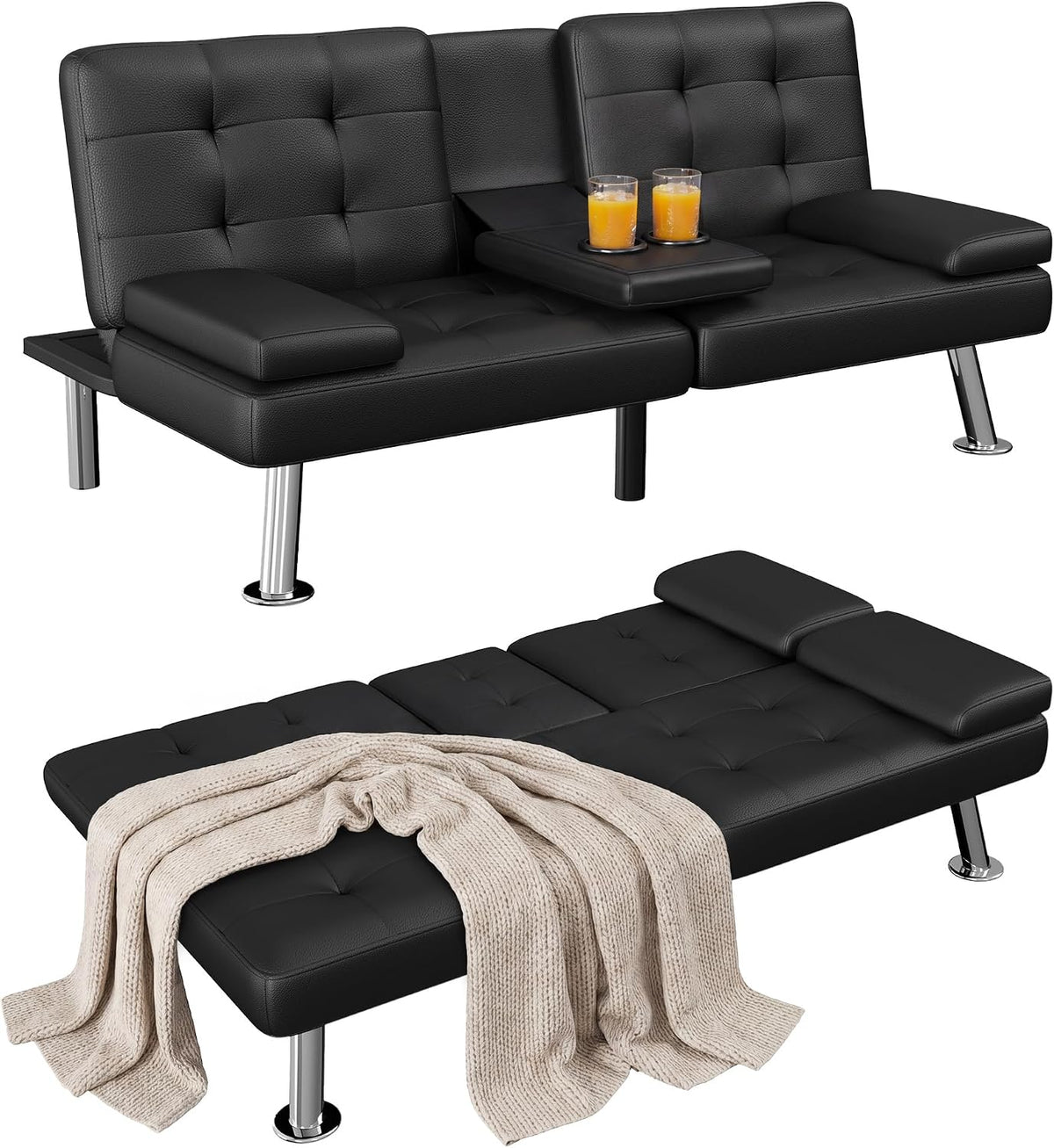 Black futon shown at an angle as an upright sofa and a flat sleeping surface on white.