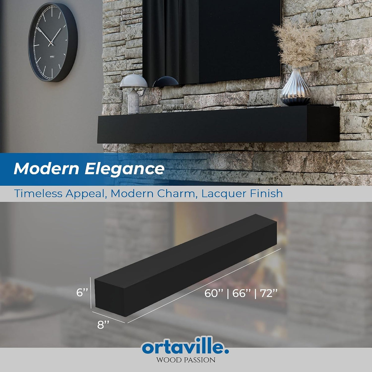 Rendered diagram showing a black rectangular mantel beam and its dimensional labels laid over a living room background.