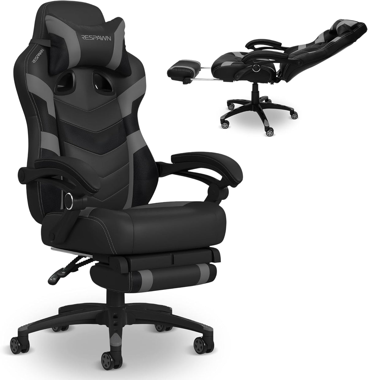 Black and grey gaming chair front view with inset showing reclined position and extended footrest on white background