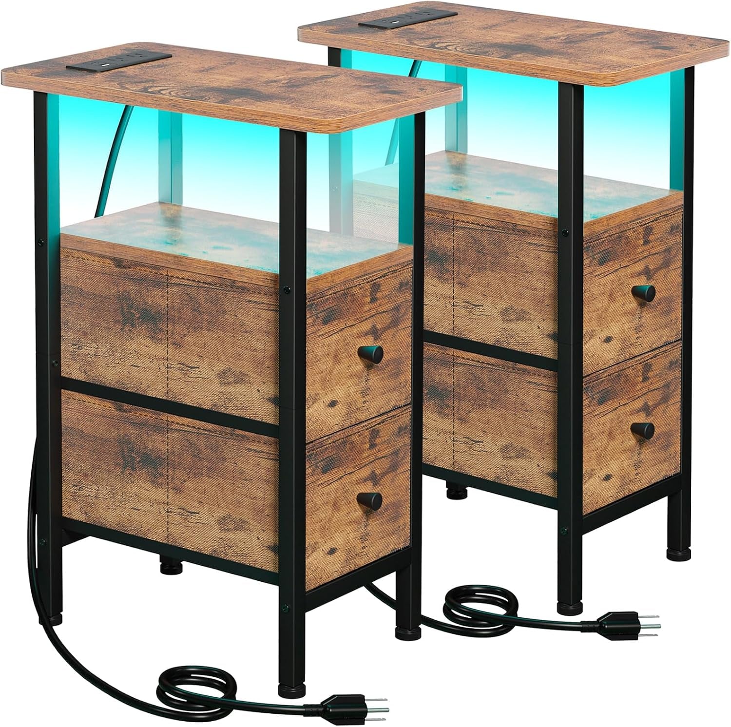 Two rustic brown side tables with a blue glow beneath the tops and visible power cords highlighting the charging area.