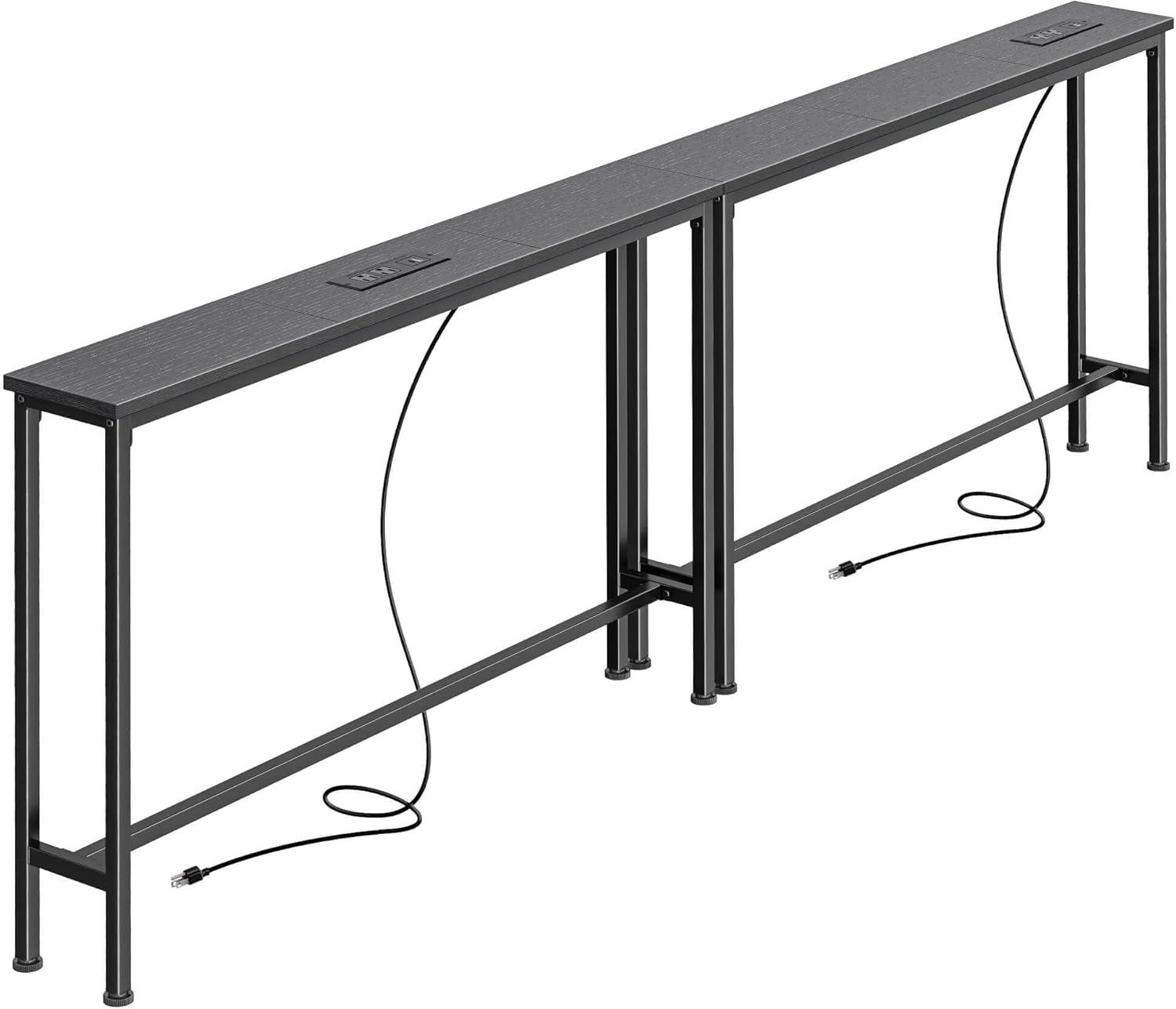 Long gray wood console table shown from an angle with a center join, metal frame and power cords visible.