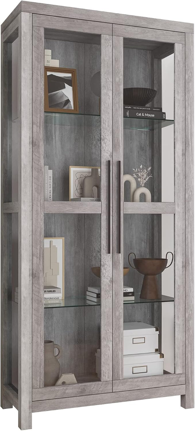 Gray wash glass display cabinet close-up front view showing double doors and black alloy handles
